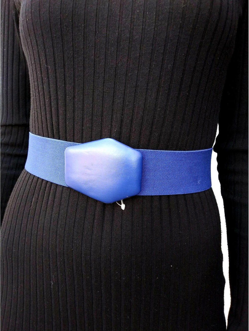 Cobalt Blue Belt 80s Cinch Elastic Waist 26" S soft pleather buckle PEGGY BUNDY